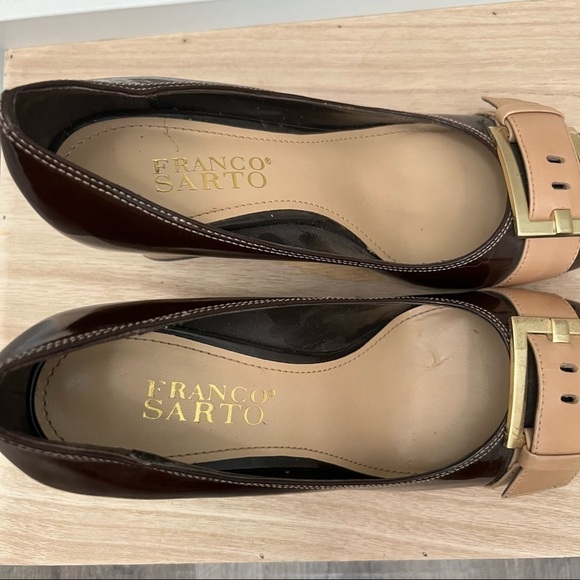 Franco Sarto Brown & Tan Leather Buckle Toe Block High Heel 5.5 - Picture 4 of 8